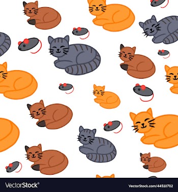 different kitties and toy mice on a white