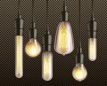 Different shapes and forms retro incandescent light bulbs with heated wire filament hanging from above in black lamp holders 3d realistic vector set isolated Free Vector
