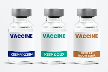 Different types of COVID-19 vaccine in glass vial bottles with different storage temperature condition label