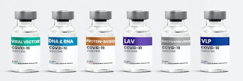 Different types of COVID-19 vaccine in glass vial bottles with labels