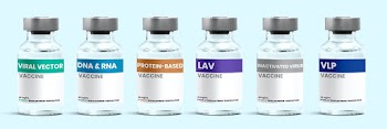Different types of COVID-19 vaccine in glass vial bottles with labels