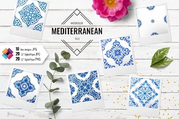 Digital paper of watercolor blue and white seamless tiles