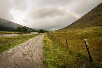 dirt road beside fence on mountainside below rainbow during daytime