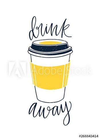 Disposable cup with lid and Drink Away inscription handwritten with elegant cursive calligraphic font