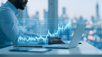 Diverse Analyst in Fintech Workspace Analyzing Financial Growth Data
