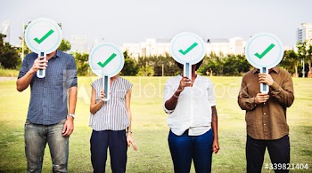 Diverse friends holding checkmark icons