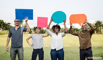 Diverse friends holding speech bubbles
