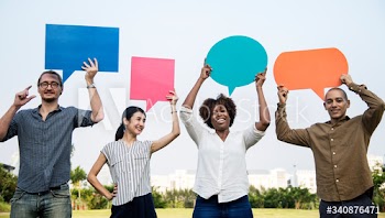Diverse friends holding speech bubbles