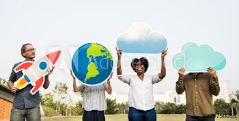 Diverse friends holding various icons