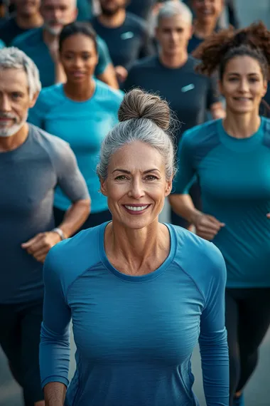 Diverse Group of Fit 45+ Year-Olds Running Together in Cold Blue Background