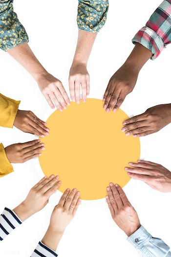 Diverse hands supporting a blank yellow round.. | Free stock psd mockup - 526447