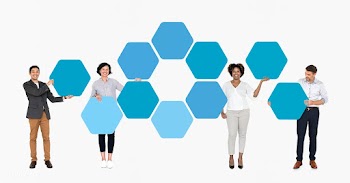 Diverse people showing blue hexagon shaped bo.. | Free stock psd mockup - 491249