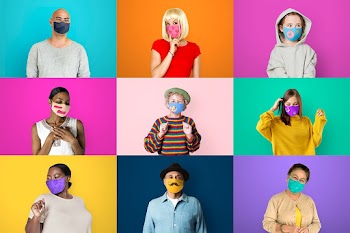 Diverse people wearing face mask photo montage