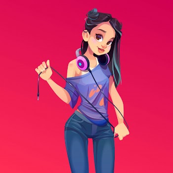 Dj girl in headphones, modern clothes, party maker Free Vector