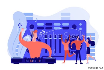 DJ in headphones at turntable playing music and tiny people dancing at party