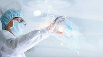 Doctor analyze and checking brain testing result with virtual computer interface, innovative technology in science and medicine concept