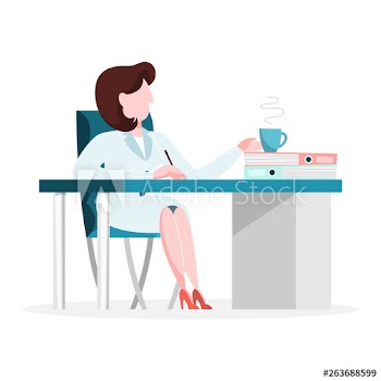 Doctor in the uniform sitting at the desk in the office