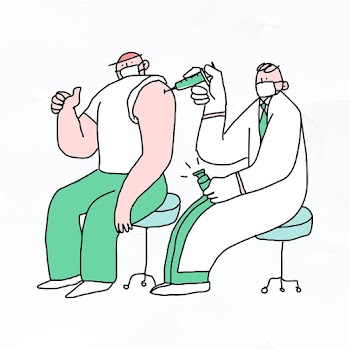 Doctor injecting vaccine doodle illustration character