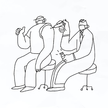 Doctor injecting vaccine vector doodle illustration character