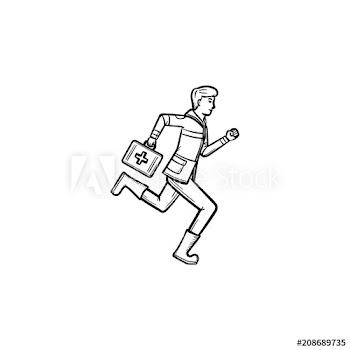 Doctor is running with first aid kit in arm hand drawn outline doodle icon