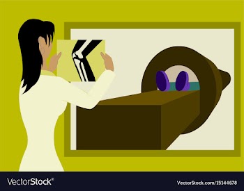 Doctor looking at results of patient leg scan on vector image