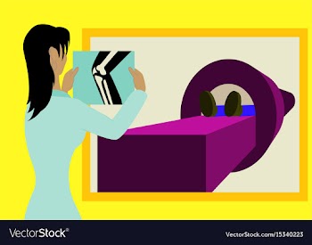 Doctor looking at results of patient leg scan on vector image