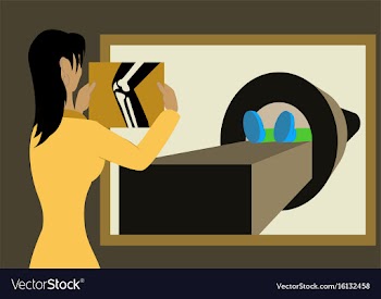 Doctor looking at results of patient leg scan on vector image