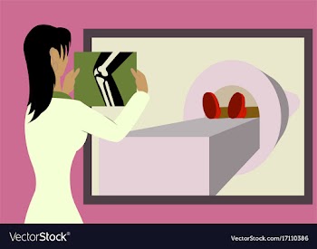 Doctor looking at results of patient leg scan on vector image