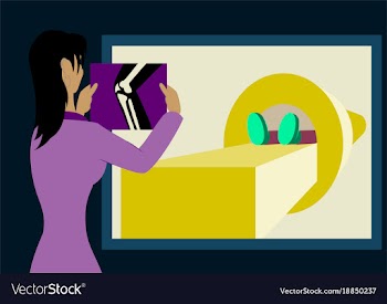 Doctor looking at results of patient leg scan on vector image