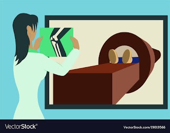 Doctor looking at results of patient leg scan on vector image