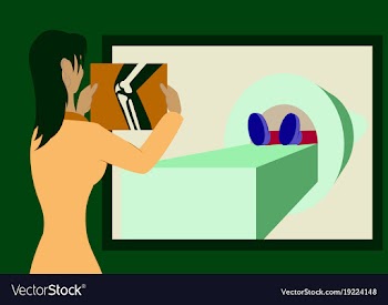 Doctor looking at results of patient leg scan on vector image