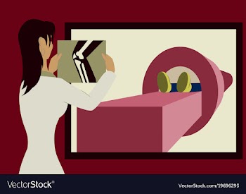 Doctor looking at results of patient leg scan on vector image