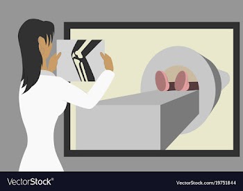 Doctor looking at results of patient leg scan on vector image