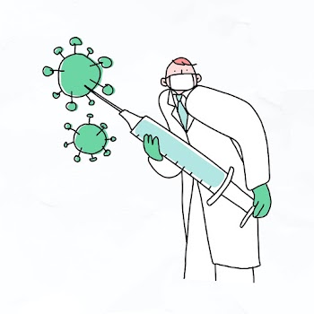 Doctor with vaccine vector doodle illustration
