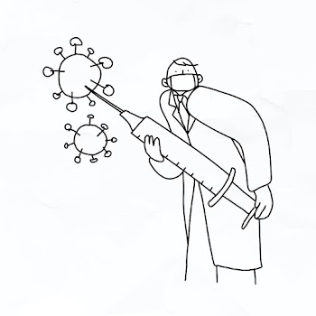 Doctor with vaccine vector doodle illustration