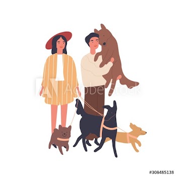 Dog lovers couple flat vector illustration