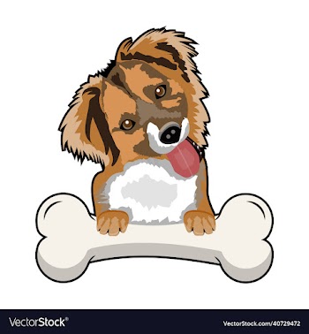 dog sits on the bone and sticks out its tongue