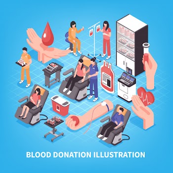 Donation and blood bank medical staff and equipment on blue isometric illustration Free Vector