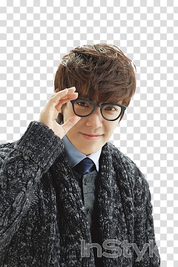 DongHae from magazine cutting, man wearing eyeglasses with black frames transparent background PNG clipart