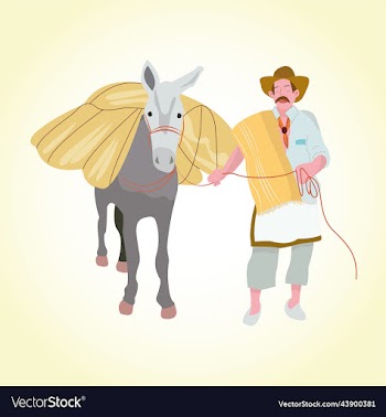 donkey horse and farmer wearing rustic clothes