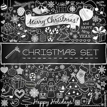Doodle Christmas season icons and vintage graphic elements. Chalkboard effect. Santa Claus, reindeer, snow man, cute Christmas decorations, presents, snow flakes, stars. Scrapbooking, infographics.
