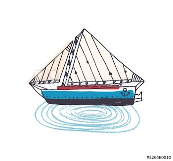 Doodle drawing of elegant ship, sailing boat or yacht with sail in ocean