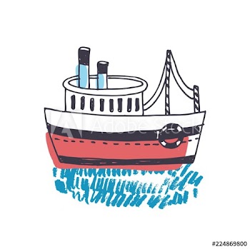 Doodle drawing of passenger ship, marine vessel, touristic watercraft or boat floating on ocean waves isolated on white background