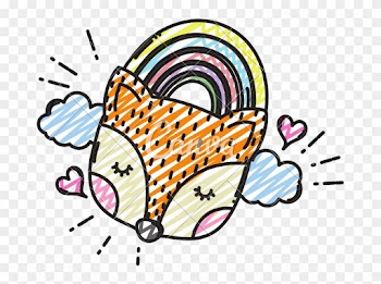 Doodle Fox Head With Rainbow Clouds And Hearts - Rainbow