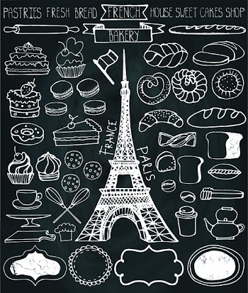 Doodle vector.French Bakery,Cakes,dessert,bread pastries  icons set with Eiffel tower.Chalkboard Linear vintage elements for logo,label,menu,cafe shop.Hand drawn isolated items.Isolated collection