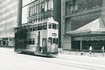 Double Decker Tram Black and White Photo
