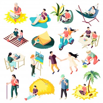 Downshifting escaping work stress relaxing people with life fulfilling career changes isometric icons collection isolated Free Vector