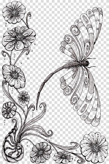 Dragonfly and flower painting, Drawing Flower Pencil Sketch, Dragonflies and flowers transparent background PNG clipart