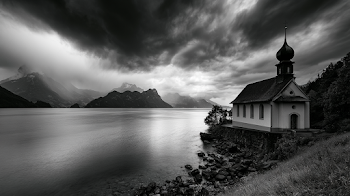 Dramatic Black and White Landscape of Alpine Church by Lake Lucerne