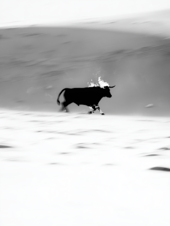 Dramatic Black Bull in Flaming Motion Across a White Desert